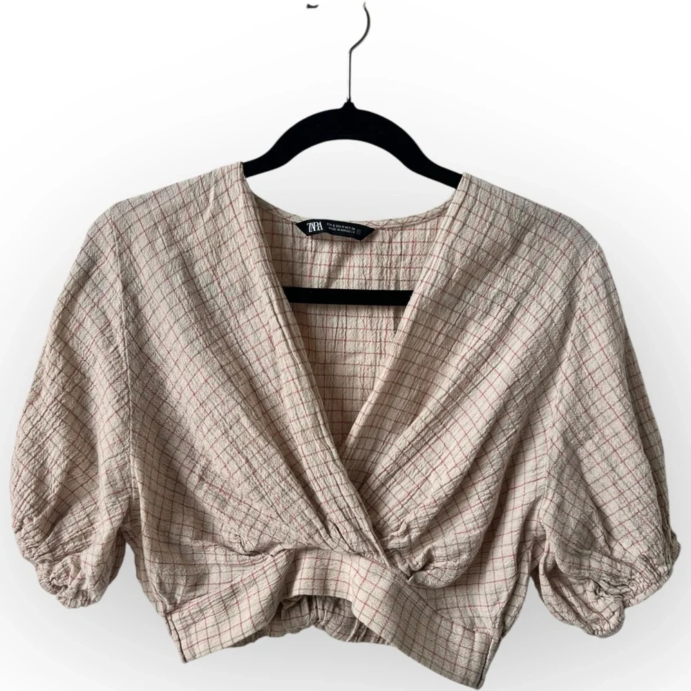 Zara Checkered Cropped Blouse - Cream and Red - Picture 1 of 2